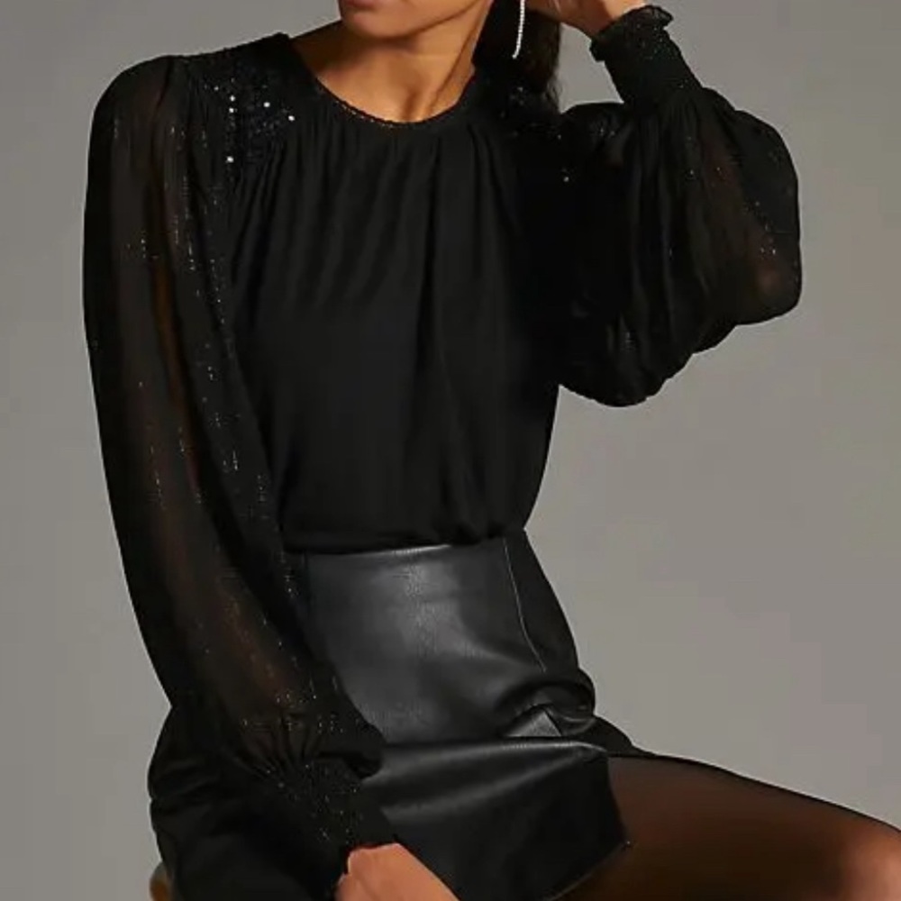 Anthropologie Bl-nk Top Sequin Embellished Blouse M NWT Black Shimmering - Picture 1 of 7